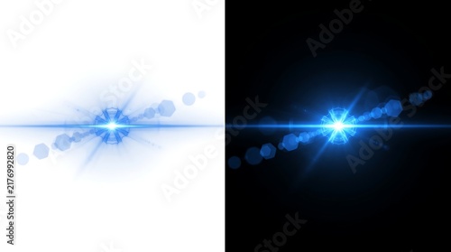 Abstract blue light flare with lens effect and bokeh isolated on white background