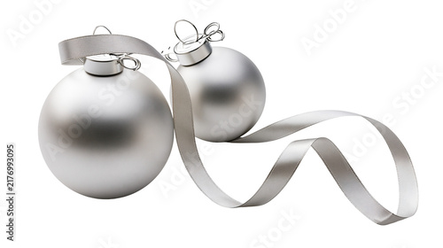 Obraz na płótnie Two matte silver Christmas baubles with a flowing silk ribbon