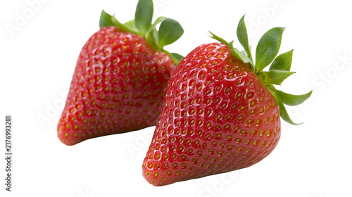 Photography Two fresh ripe red strawberries with green leafy stems