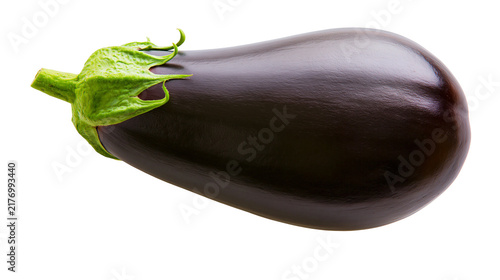 Obraz na plátne Fresh ripe purple eggplant with green stem and calyx