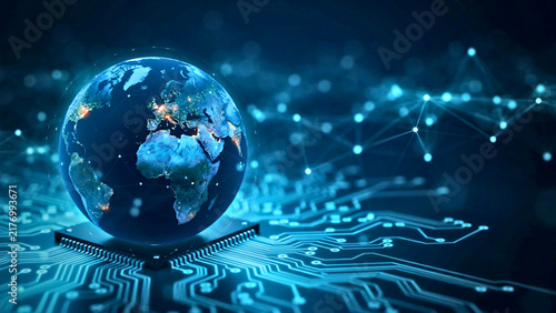 Global Digital Technology Network Connection with Futuristic Earth Globe over Processor Circuit Board