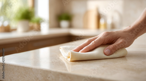 Obraz na płótnie Hand wiping clean kitchen countertop surface