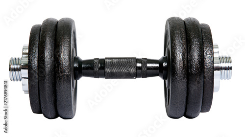 Foto Adjustable black cast iron dumbbell with chrome collars and textured grip handle