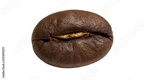 Obraz na plátne Single roasted dark brown coffee bean with textured surface and central groove