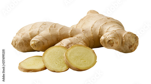 Принти на полотні Fresh raw ginger root with sliced pieces showing fibrous texture