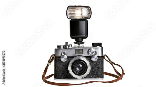 Cuadro en lienzo Vintage silver rangefinder camera with attached electronic flash and leather str