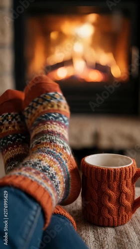 Cozy Hygge Lifestyle Warm Wool Socks and Hot Drink by Fireplace