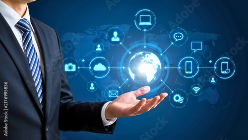 Business Professional Presenting Global Digital Network Connectivity and Modern Communication Technology Solutions