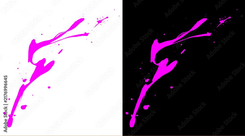 Obraz premium Vibrant pink paint splash on white and black background. Abstract neon magenta ink splatter. Artistic liquid spray element for creative design.