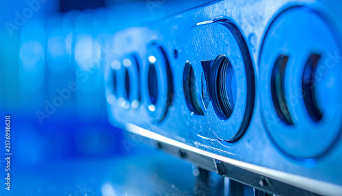Abstract Blue Technology: A close-up perspective showcases the intricate details of a futuristic blue technological device with a series of circular elements and a sleek, modern design.
