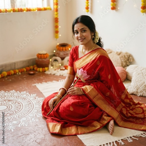 Indian woman in red saree celebrating Diwali festival with lotus flower and rangoli decor