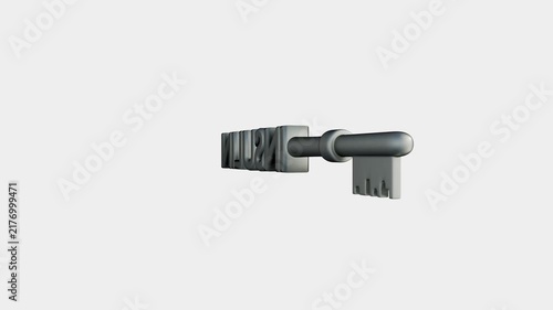 A metallic silver 3D key shaped with the word 