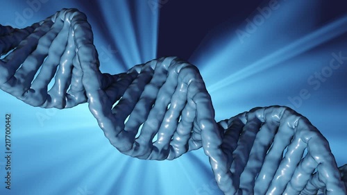 A glossy light-blue 3D DNA double helix strand rotates continuously as radiant volumetric light rays flare behind it against a vibrant blue backdrop.