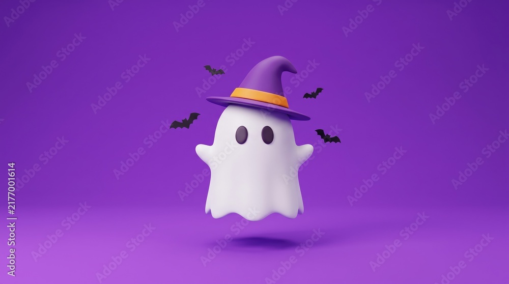 Obraz premium Cute 3d white ghost wearing a purple witch hat isolated on a solid purple background for halloween