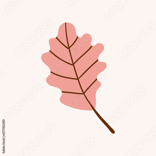 Hand drawn pink oak leaf isolated on white background. Simple autumn fall leaf for pattern, banner, sticker. Hello autumn card. Flat vector illustration.
