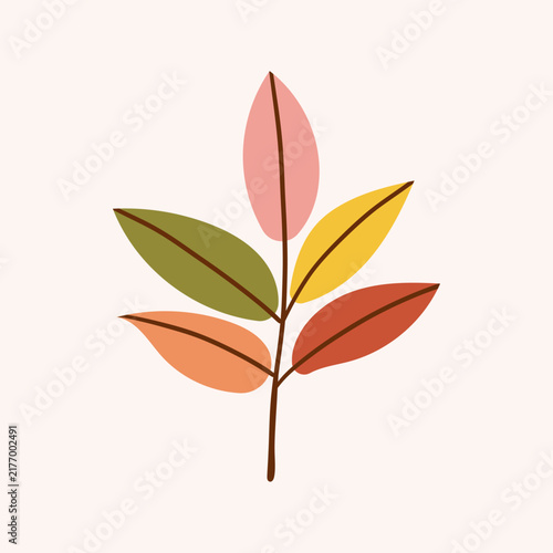 Hand drawn colorful ash leaf branch isolated on white background. Simple autumn fall leaf for pattern, banner, sticker. Hello autumn card. Flat vector illustration.