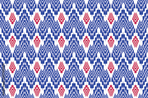 Seamless Blue and Red Ikat Zigzag Pattern, Americana Ethnic Tribal Wave Background