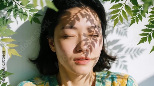 Young Asian Woman Relaxing with Eyes Closed in Sunlight