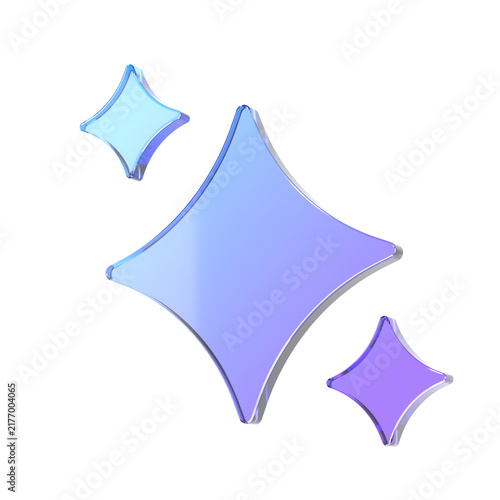 3D Rendering Three Glass Sparkle Stars Blue Purple Gradient AI Magic Shine Icon Set Isolated on White Background