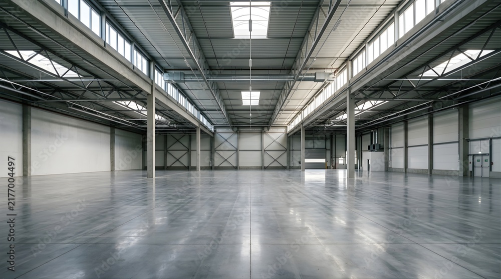 Fototapeta premium Empty large warehouse interior with concrete floor and metal ceiling