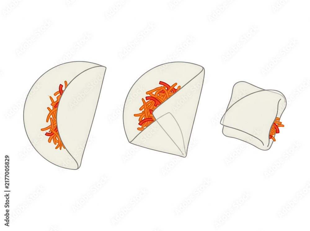 Fototapeta premium Illustration vectorielle montrant les étapes de pliage d'une pâte à ravioli ou gyoza farcie avec une garniture orange sur un fond blanc épuré, style didactique et minimaliste pour recette de cuisine.