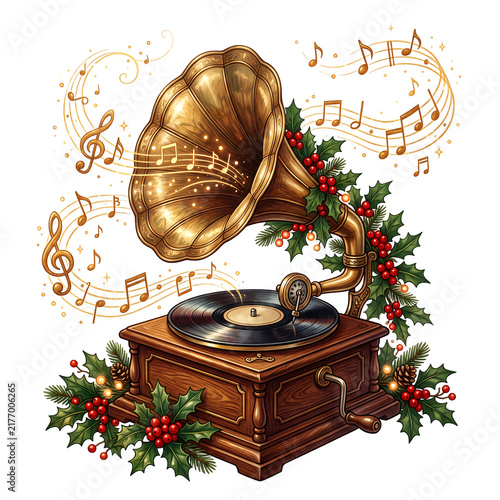 Vintage gramophone with Christmas holly garland and musical notes isolated on white