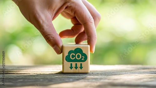 Hand placing a carbon dioxide block on a natural surface representing emissions and climate impact
