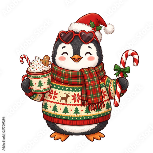 Cute penguin wearing a Christmas sweater and Santa hat holding a candy cane and cocoa