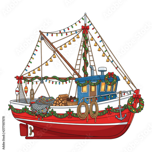 Christmas fishing boat decorated with festive lights and garlands on white background