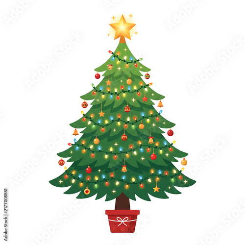 Decorated Christmas tree with glowing lights and star topper isolated on white background
