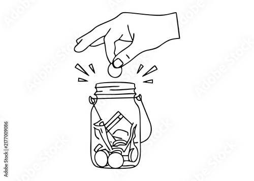 Hand dropping coin into saving jar money box line art doodle transparent PNG graphic element