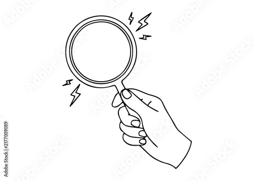 Hand holding magnifying glass with lightning energy line art doodle transparent PNG graphic element