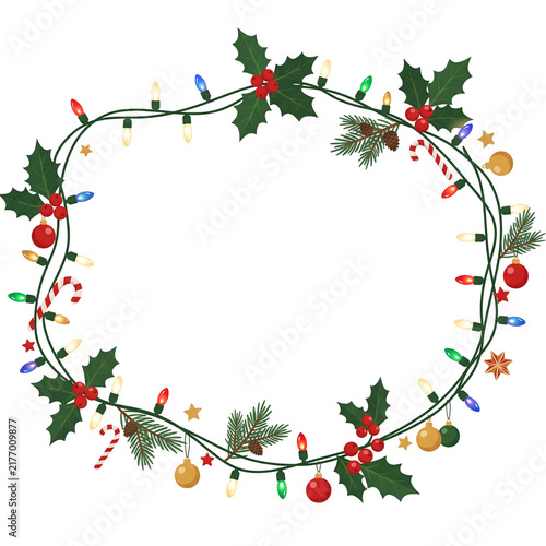 Christmas wreath frame with holly leaves, pine branches, and colorful fairy string lights