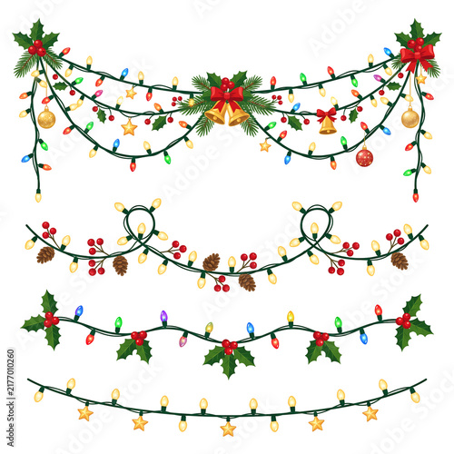 Christmas Garland Set with Fairy Lights and Holly Leaves Isolated on White Background