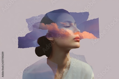 Double exposure portrait of a woman breathing clouds with torn paper gradients for minimalist surreal background and editorial poster design