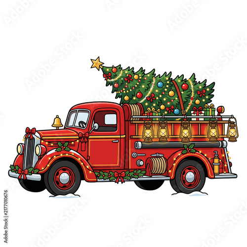 Vintage red fire truck carrying a decorated Christmas tree isolated on white background