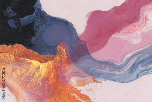 Abstract swirling liquid collage with gold and pink marble textures for background and poster design and decorative modern surface art