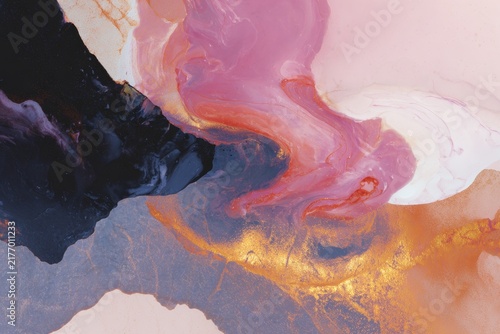 Abstract swirling liquid collage with gold accents and pastel marbling for background and wallpaper design
