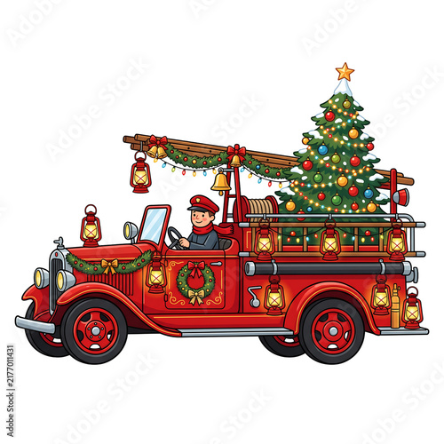 Vintage red fire truck carrying a decorated Christmas tree with festive holiday lights