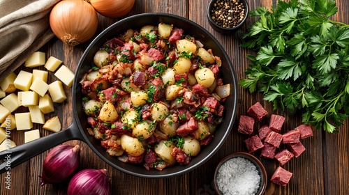 National Corned Beef Hash Day: overhead flat lay photograph of homemade corned beef hash in a black skillet, surrounded by raw ingredients - diced potatoes, onions, corned beef chunks, fresh parsley