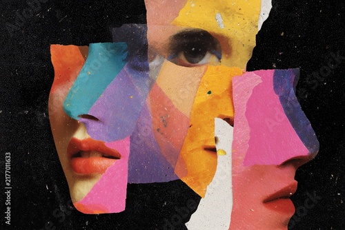 Bold abstract faces collage with torn paper layers and vivid color blocks for editorial poster and contemporary design artwork