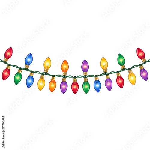 Colorful Christmas light string isolated on white background for holiday decoration design.