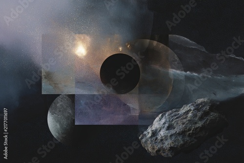 Celestial space collage featuring eclipses planets moon and asteroid elements for cosmic background and poster design