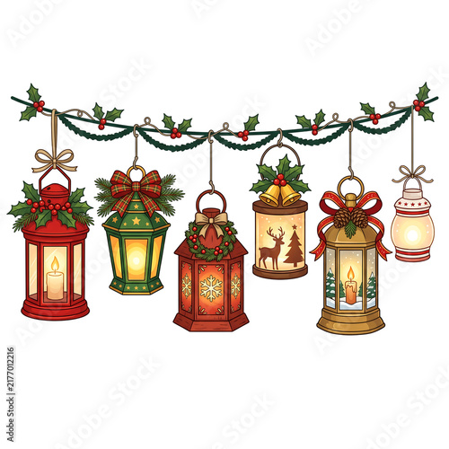 Christmas garland with hanging decorative lanterns and festive holiday ornaments isolated