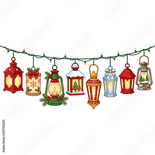 Christmas lantern string lights isolated on white background for holiday decoration design.