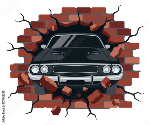 Classic muscle car crashing through a brick wall
