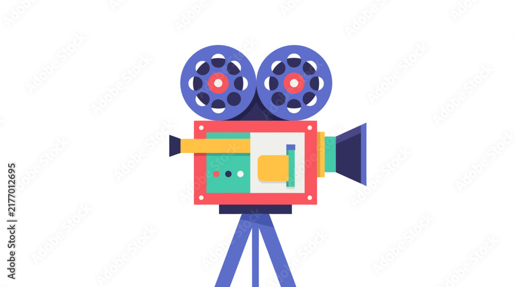 Naklejka premium A vibrant, flat-design illustration of a retro film camera with two large reels on a tripod, set against a clean white background, evoking classic cinema.