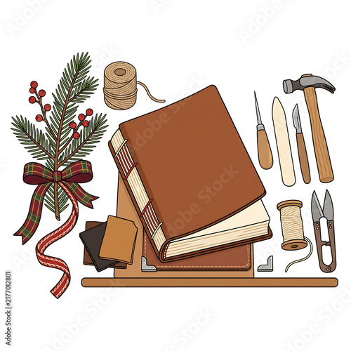 Handmade leather bookbinding kit with Christmas holiday decoration on white background
