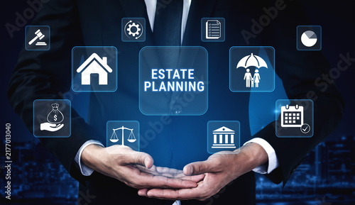 Photography Professional Businessman Presenting Estate Planning Concepts with Icons Representing Legal, Financial, and Family Protection in a Modern Digital Setting