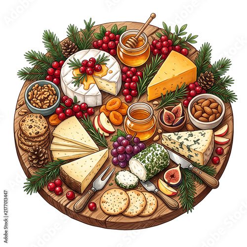 Festive Christmas cheese board with appetizers and honey on a wooden platter
